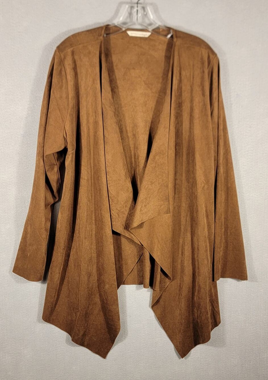 Soft Surroundings Faux Suede Drape Front Open Jacket Cognac Large